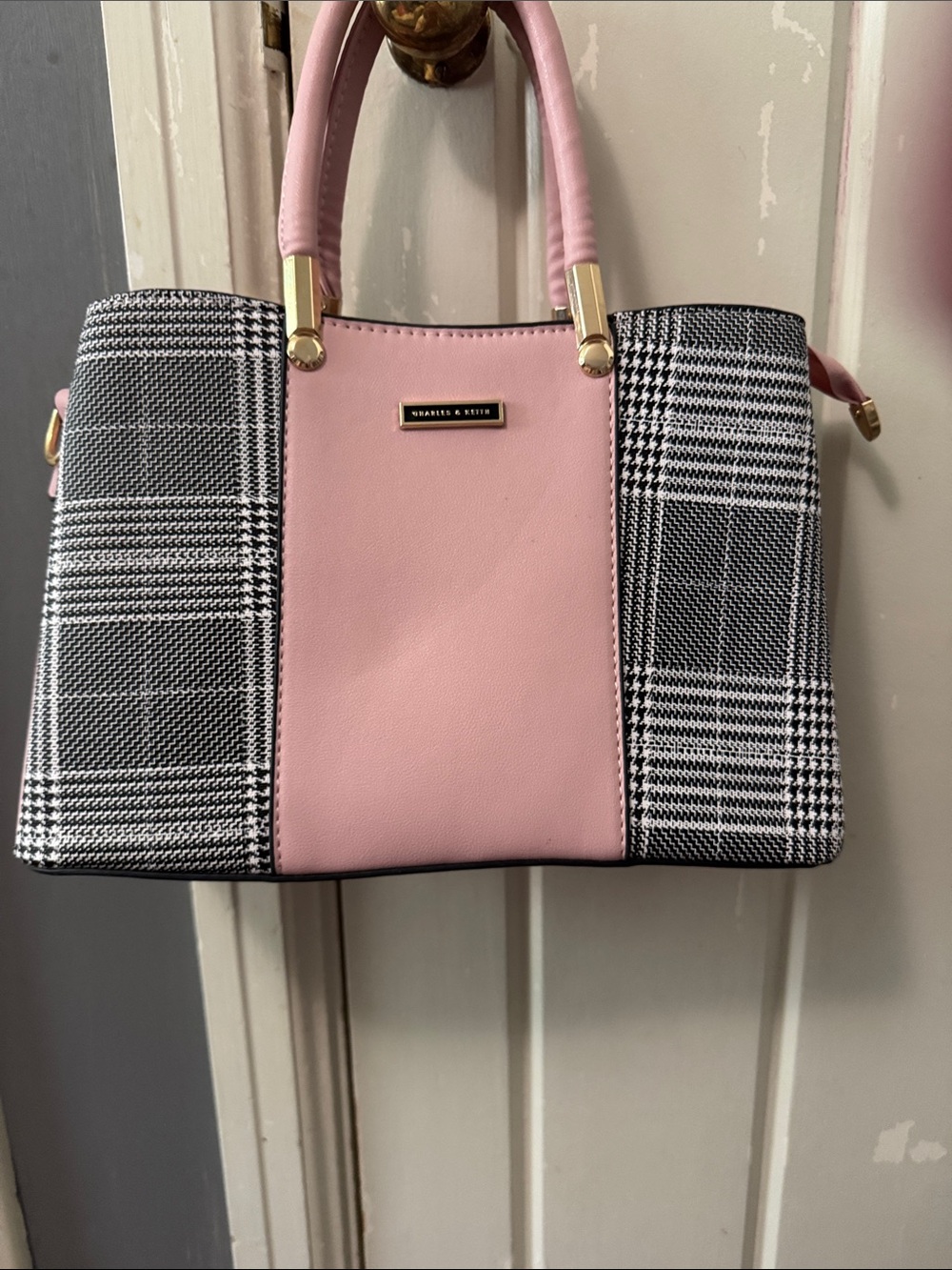 Charles & Keith Pink and Black Plaid Satchel